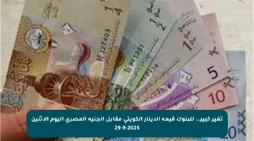 تغير كبير.. للبنوك قيمة الدينار الكويتي مقابل الجنيه المصري اليوم الاثنين 29-9-2025